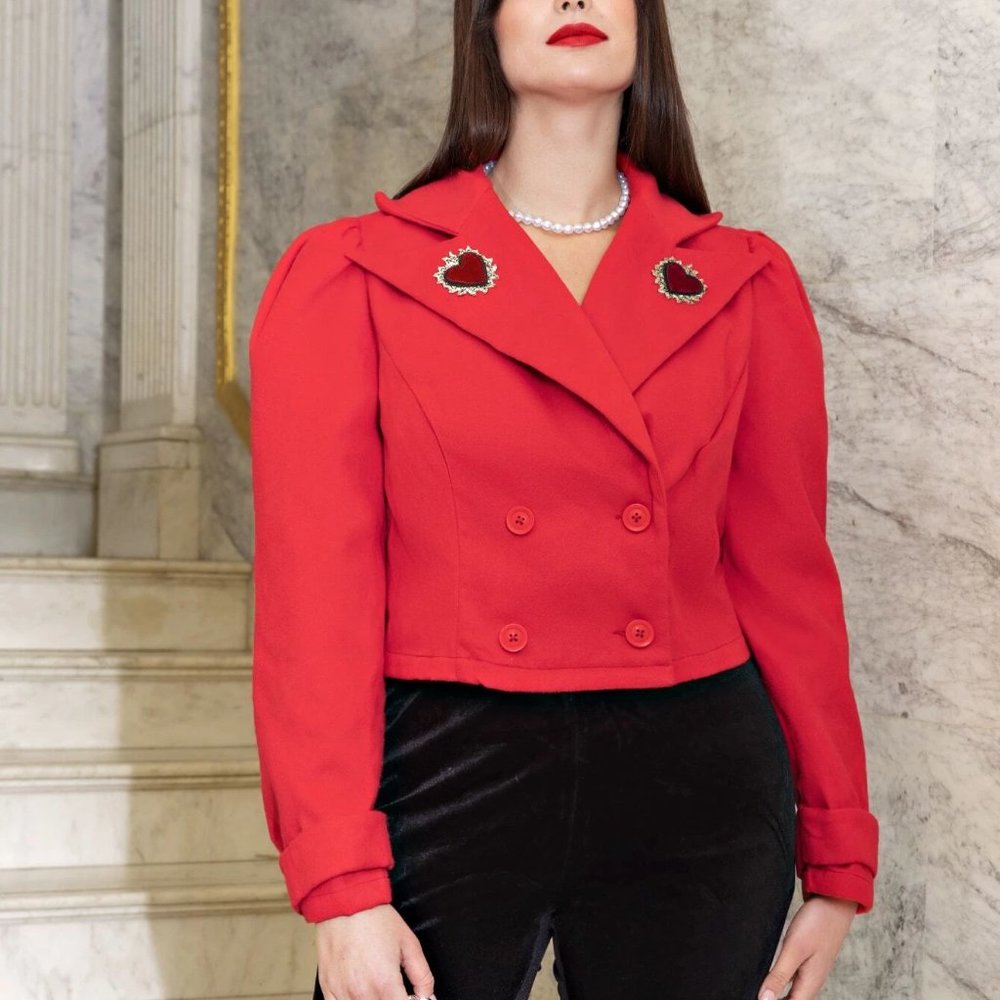 S214 Red Double Breasted Jacket Blazer Pea Coat  Peacoat with Heart Size 1XL …